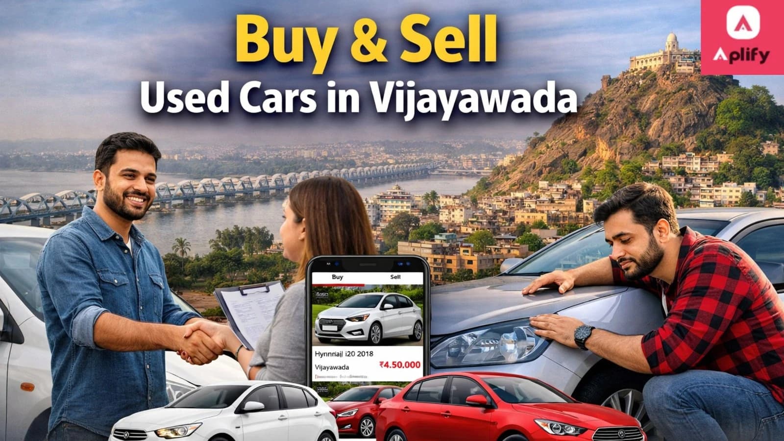 Buy and sell used cars in Vijayawada through a local app showing second-hand car listings and buyer–seller interaction
